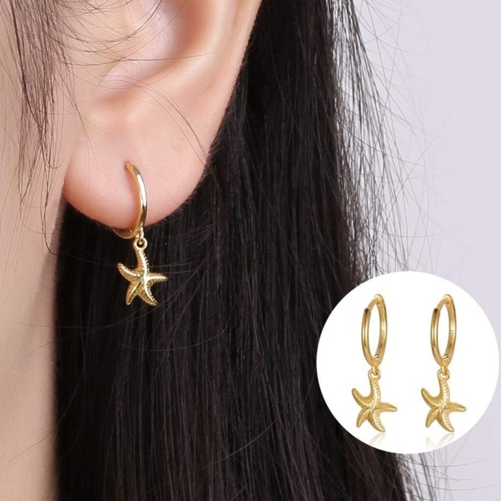 Exquisite 18K Gold Vermeil 925 Sterling Silver Starfish Hoop Earrings - Picture 2 of 8